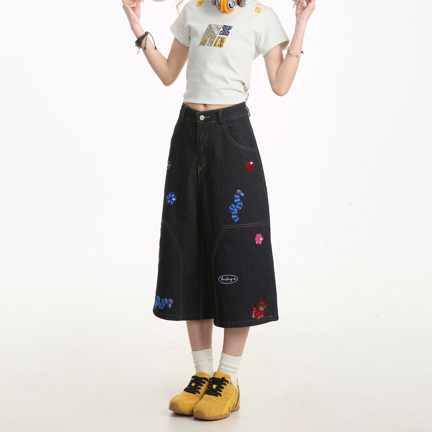 趣味刺繡牛仔七分褲女夏季做舊水洗寬鬆直筒休閒百搭短褲