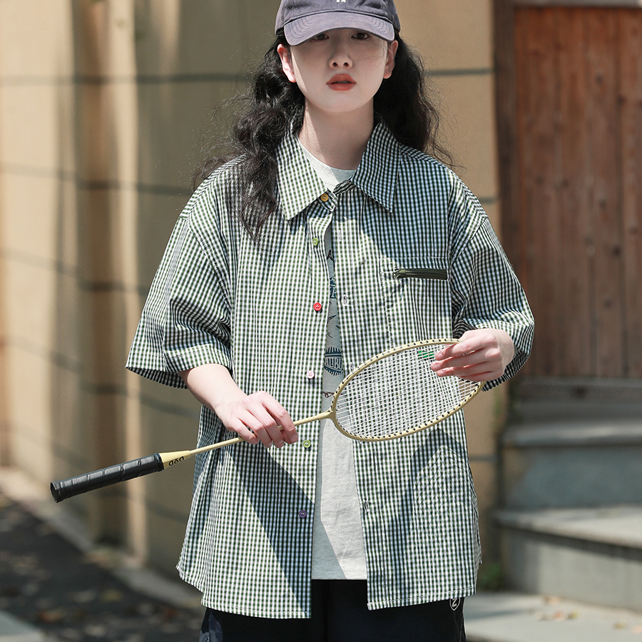 日系復古格子撞色五分袖襯衫女純棉寬鬆工裝休閒短袖襯衣