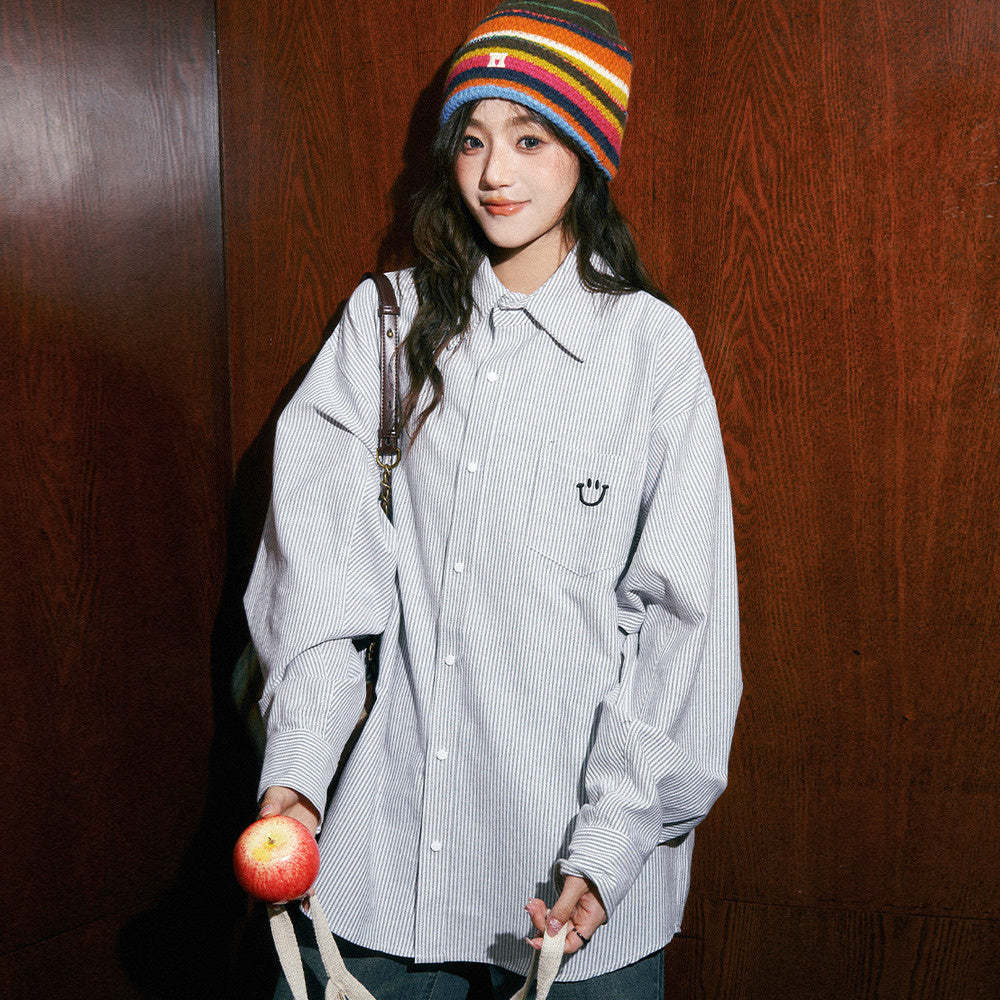 條紋襯衫女2024早秋新款上衣韓系別致小個子薄襯衣