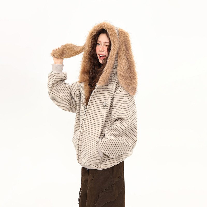 秋冬美式復古條紋兔耳加絨開衫衛衣女連帽情侶毛領厚外套