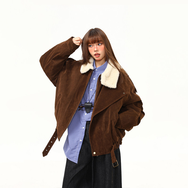 重磅麂皮絨巴恩風棉服外套女美式復古冬季百搭棉衣