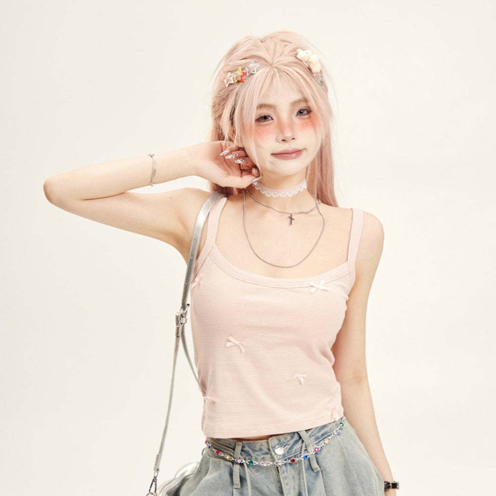 少女感粉色蝴蝶結條紋小吊帶女修身絕美背心2025新款外穿無袖上衣
