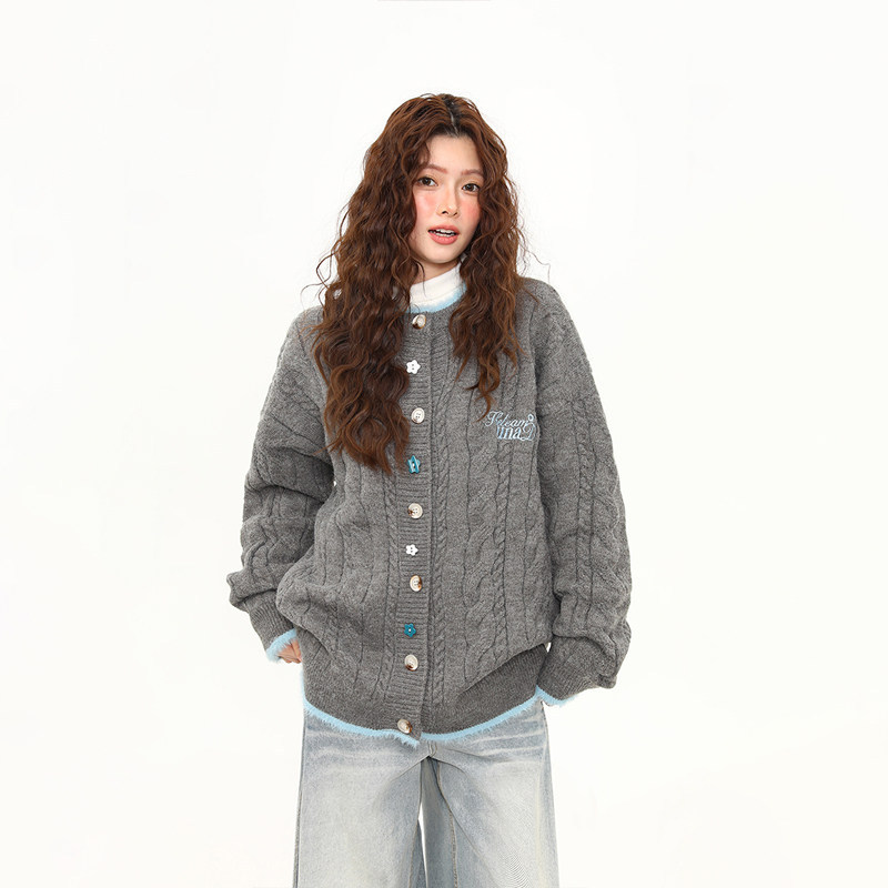 美式復古磨毛設計感開衫毛衣女秋冬慵懶風軟糯針織衫外套