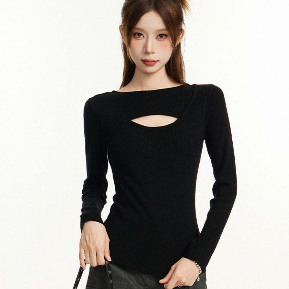 鏤空正肩長袖針織衫女早秋春秋季修身收腰內搭打底衫短款毛衣