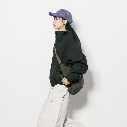 戶外工裝連帽拉鍊衝鋒衣外套女春秋美式復古休閒徒步登山服