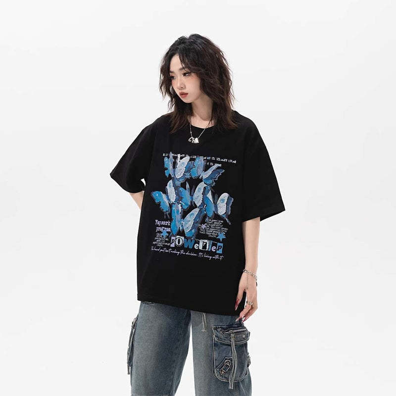 復古蝴蝶印花短袖t恤女夏季2025新款純棉國潮寬鬆半袖上衣