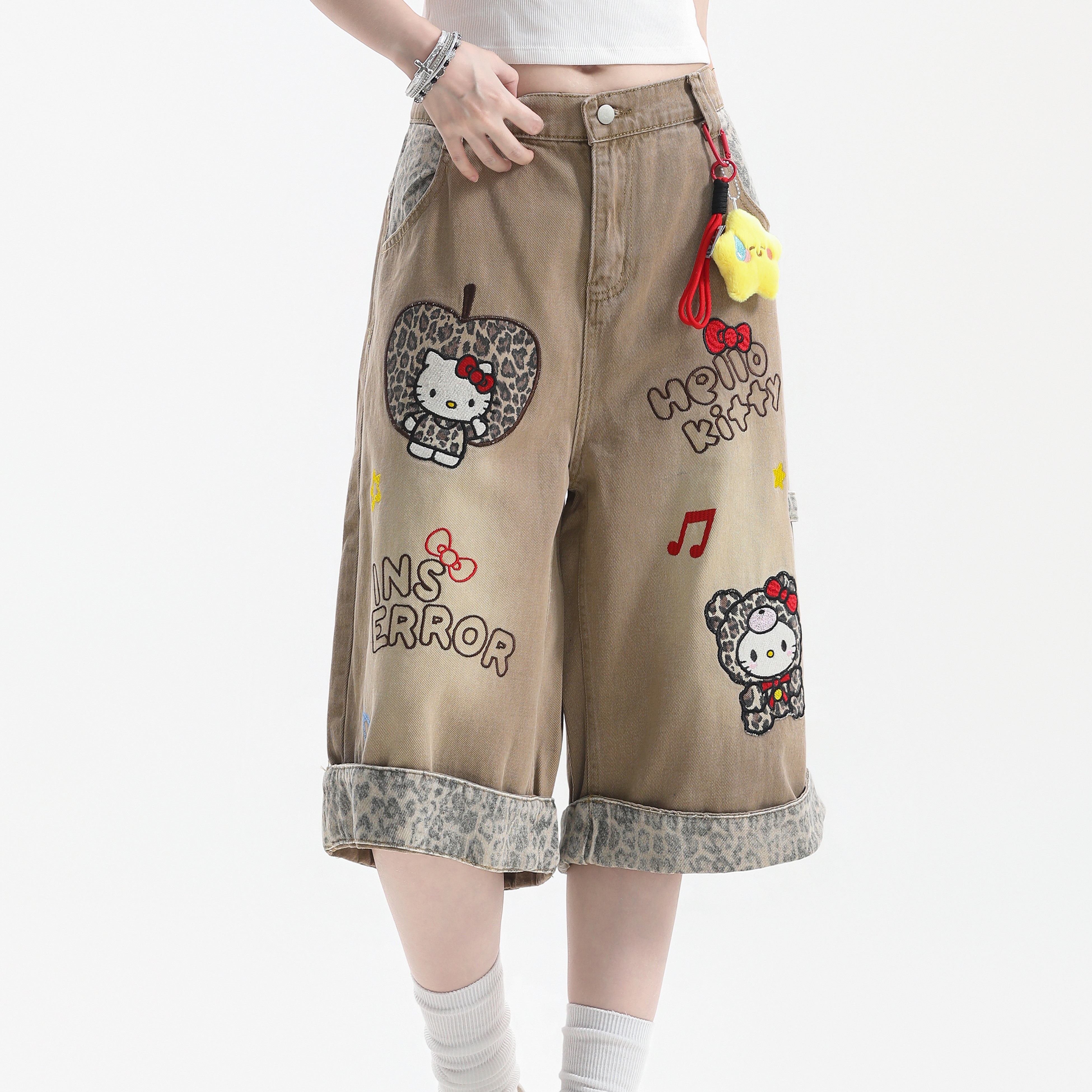 美式復古豹紋拼接Kitty猫刺繡牛仔短褲女直筒七分褲