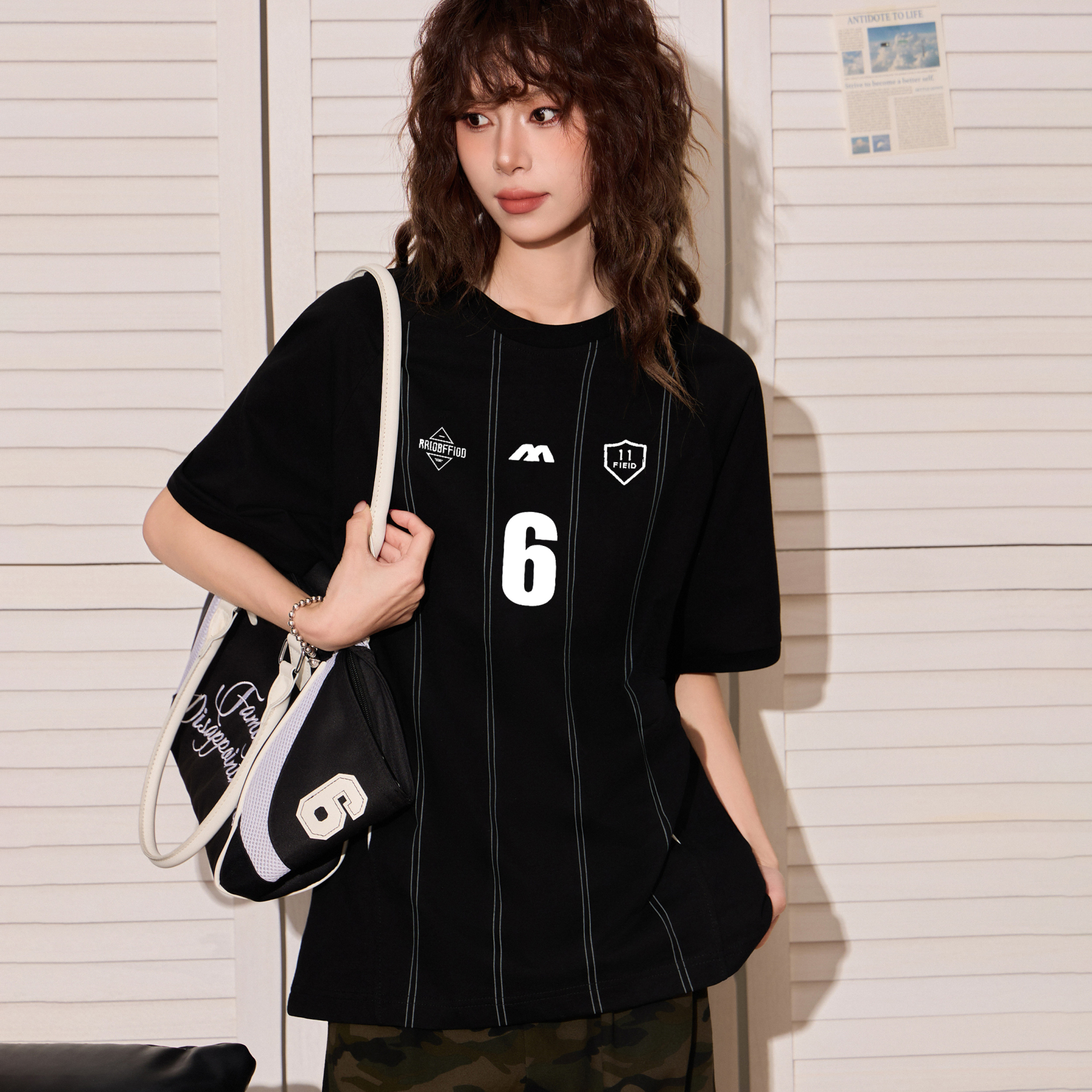 條紋正肩短袖t恤女夏新款oversize寬鬆顯瘦運動球衣上衣