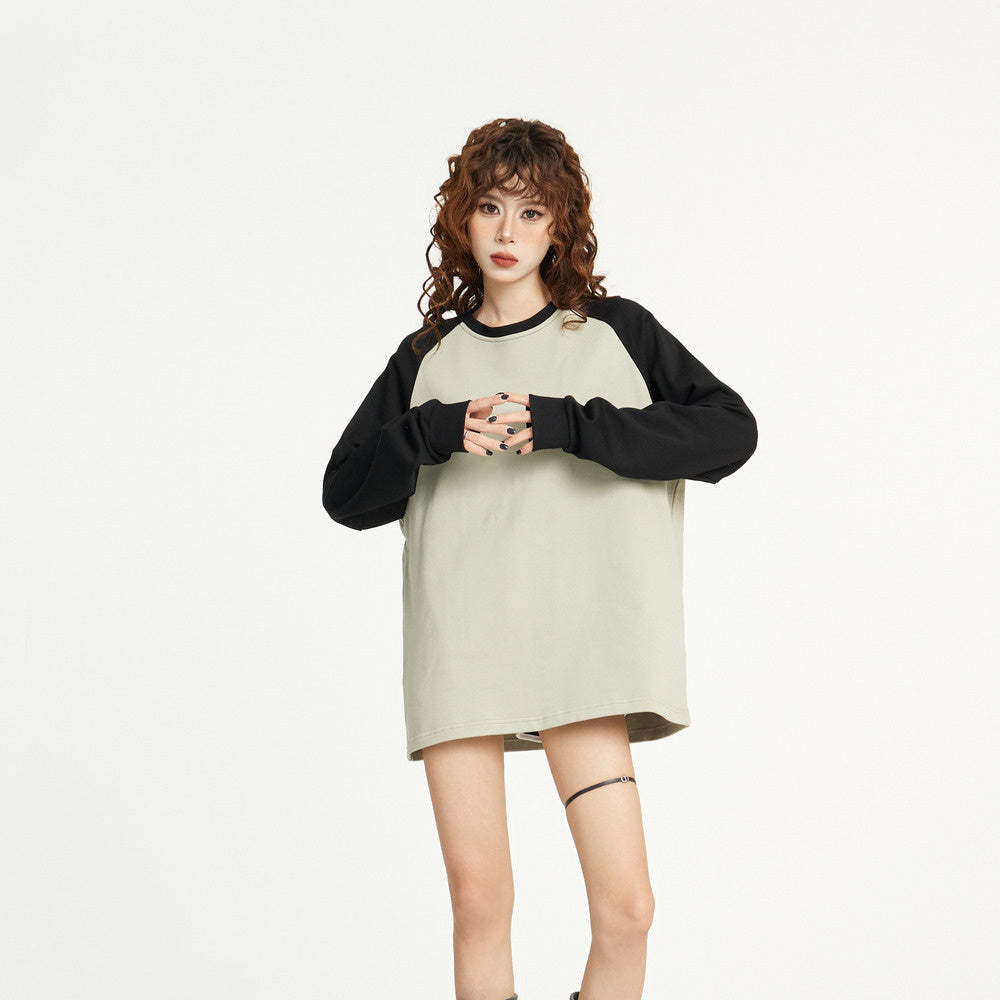 美式插肩長袖t恤女秋冬季早秋寬鬆正肩設計感內搭打底衫長款上衣