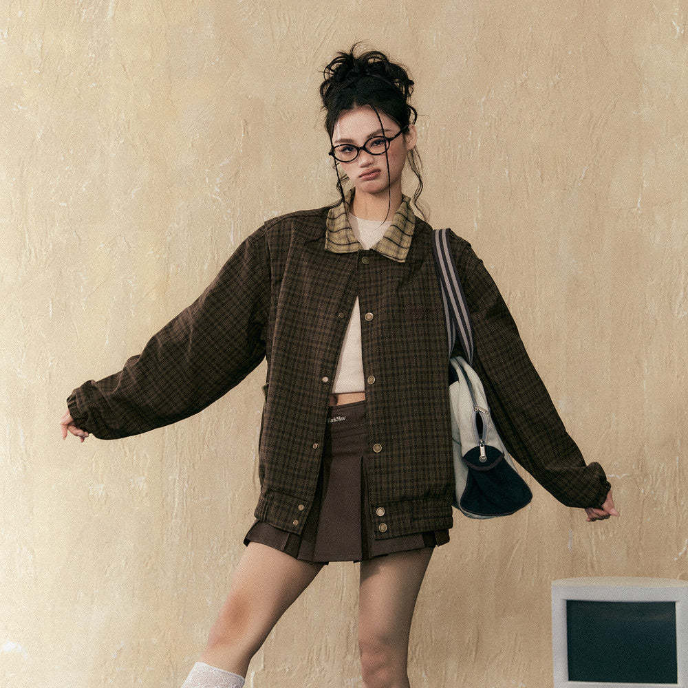 美式復古vintage拼接格子襯衫外套女春秋Cleanfit上衣