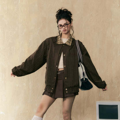 美式復古vintage拼接格子襯衫外套女春秋Cleanfit上衣