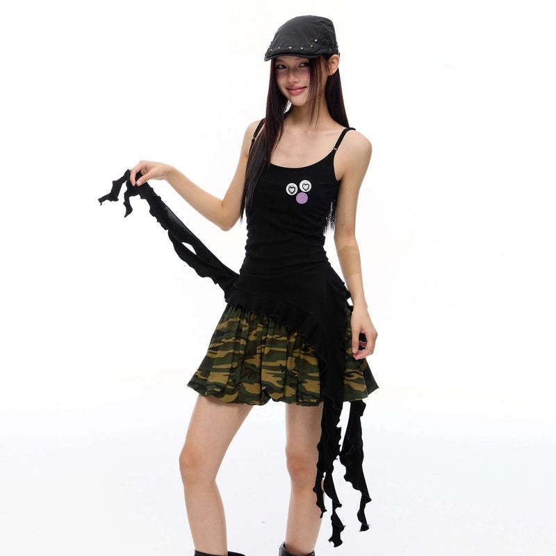 美式復古黑色流蘇飄帶條紋吊帶背心夏季新款辣妹修身顯瘦上衣