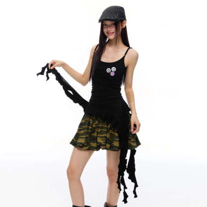 美式復古黑色流蘇飄帶條紋吊帶背心夏季新款辣妹修身顯瘦上衣