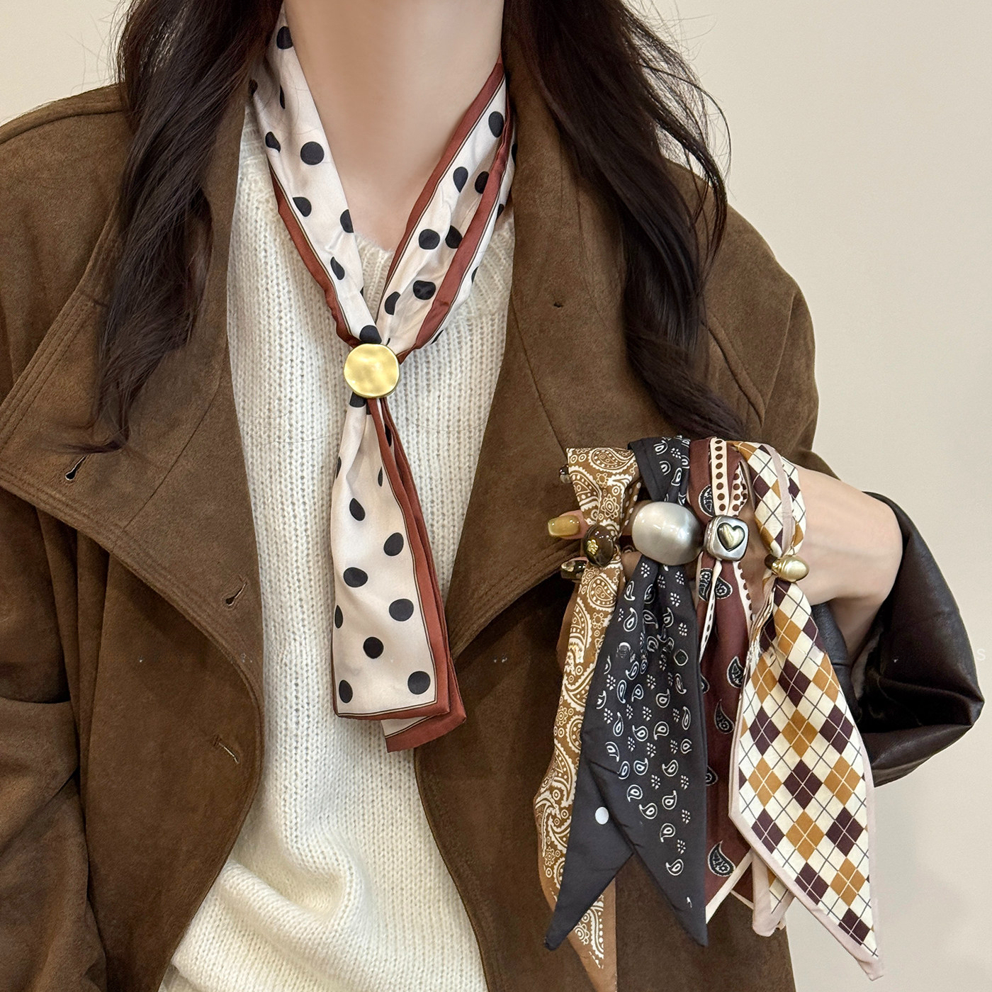 法式復古抽拉系脖絲巾項鍊女春季新款波點領巾長條毛衣鏈圍巾配飾