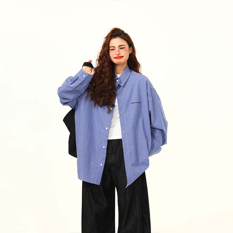 文藝感藍色格子襯衫秋季新品高級感復古百搭外穿襯衣