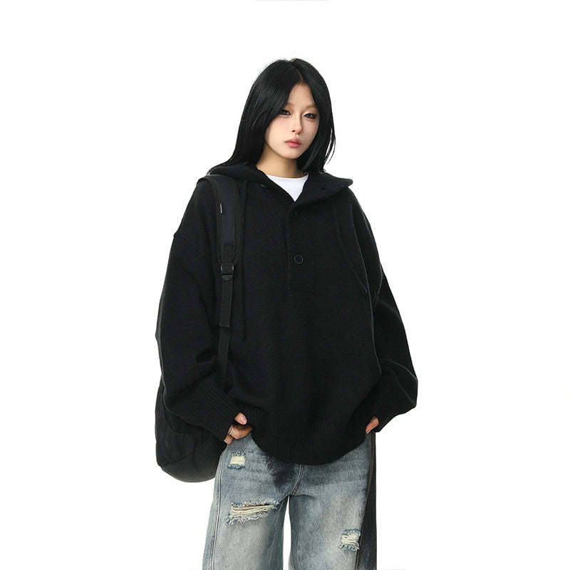 冬季新品復古高級感灰色連帽毛衣女加厚重磅慵懶風針織衫