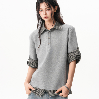 假兩件POLO衫短袖女夏季拼接設計感正肩T恤五分袖