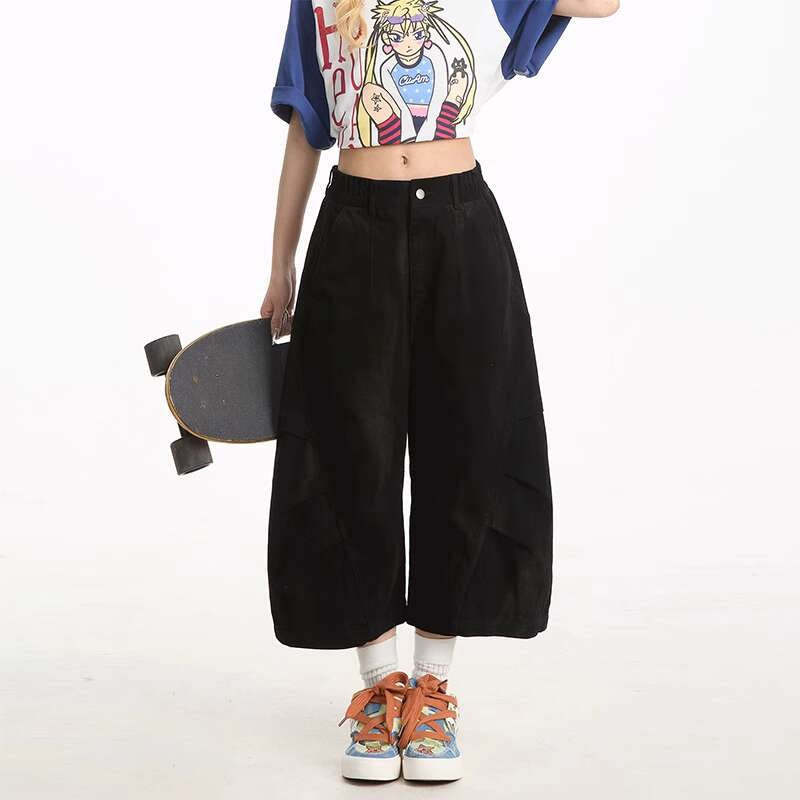 美式復古做舊髒染工裝短褲女夏季寬鬆直筒闊腿褶皺七分褲