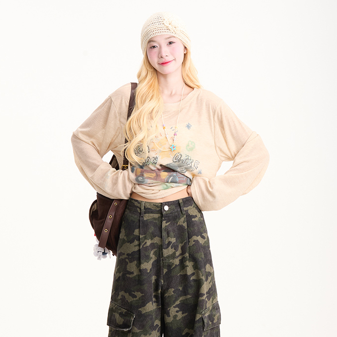 塗鴉印花薄款長袖T恤女新款慵懶微透夏季防曬休閒罩衫上衣