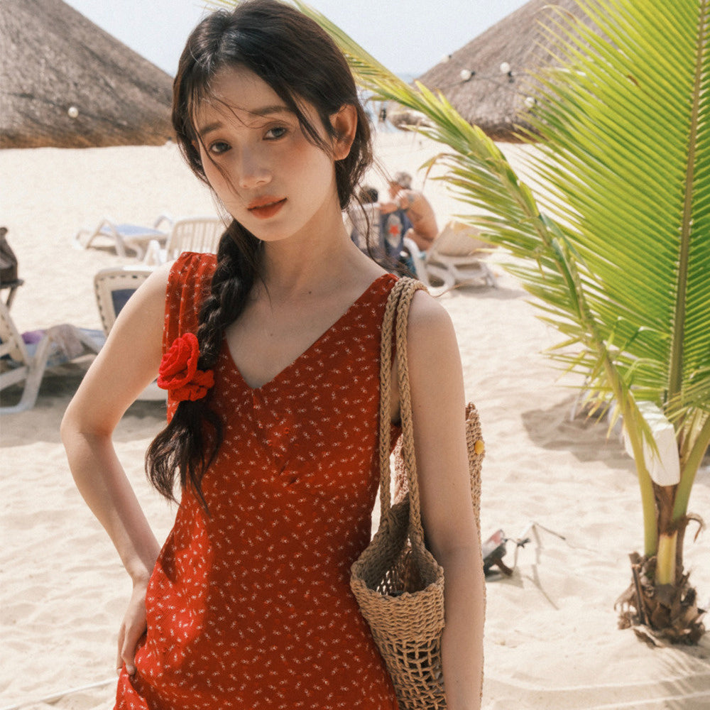 法式復古紅裙修身顯瘦海邊度假氣質碎花V領無袖連衣裙夏