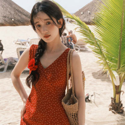 法式復古紅裙修身顯瘦海邊度假氣質碎花V領無袖連衣裙夏