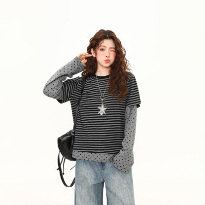 春季新款條紋假兩件波點長袖T恤女短寬鬆百搭設計感上衣