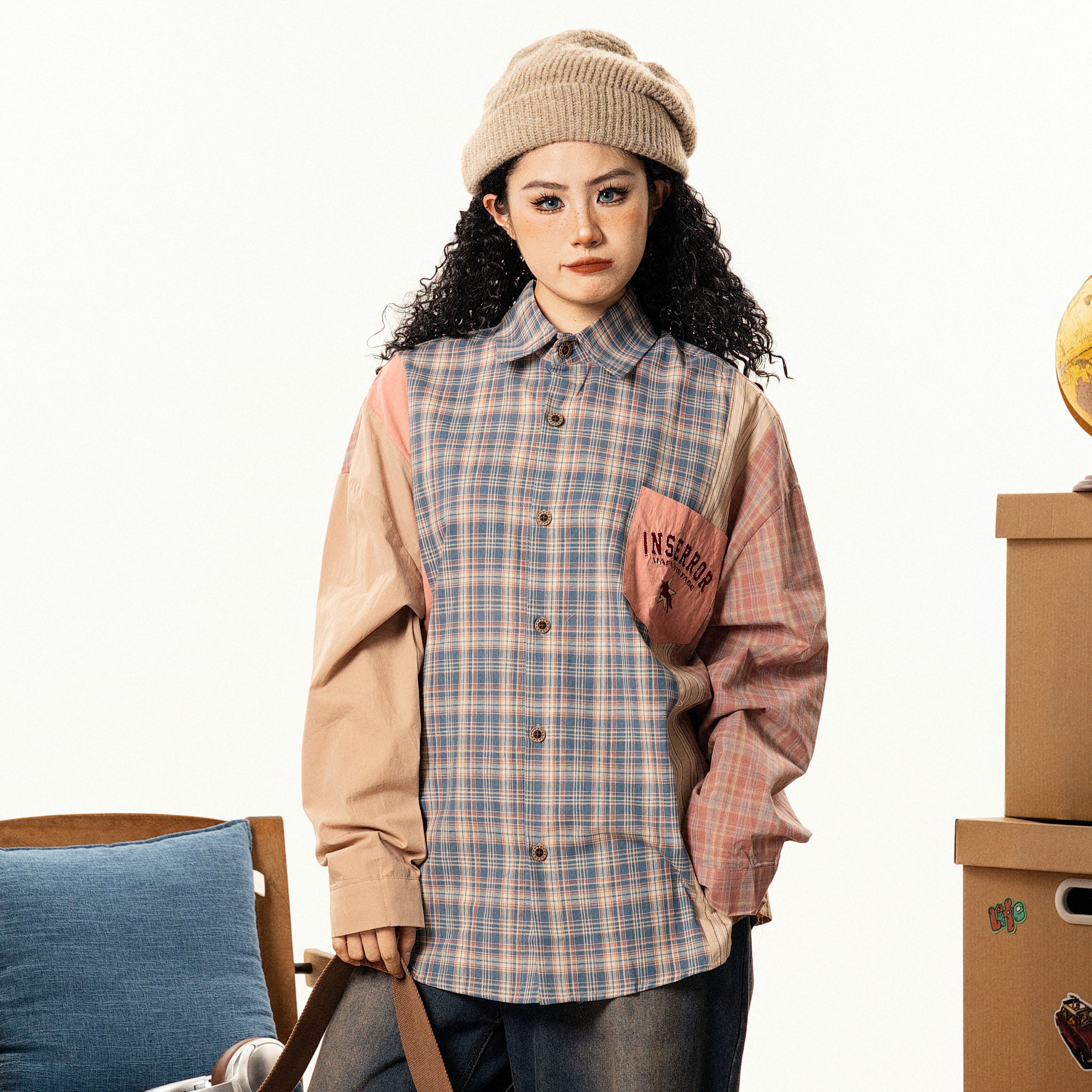 美式復古撞色格子長袖襯衫男女寬鬆小眾設計感古著襯衣