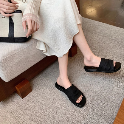 曼谷拖度假風沙灘亞麻褶皺平底涼拖女拖鞋外穿夏