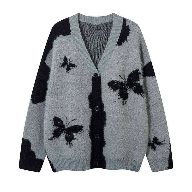 美式復古設計感蝴蝶針織開衫毛衣女秋冬慵懶寬鬆外套