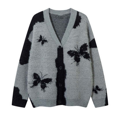 美式復古設計感蝴蝶針織開衫毛衣女秋冬慵懶寬鬆外套