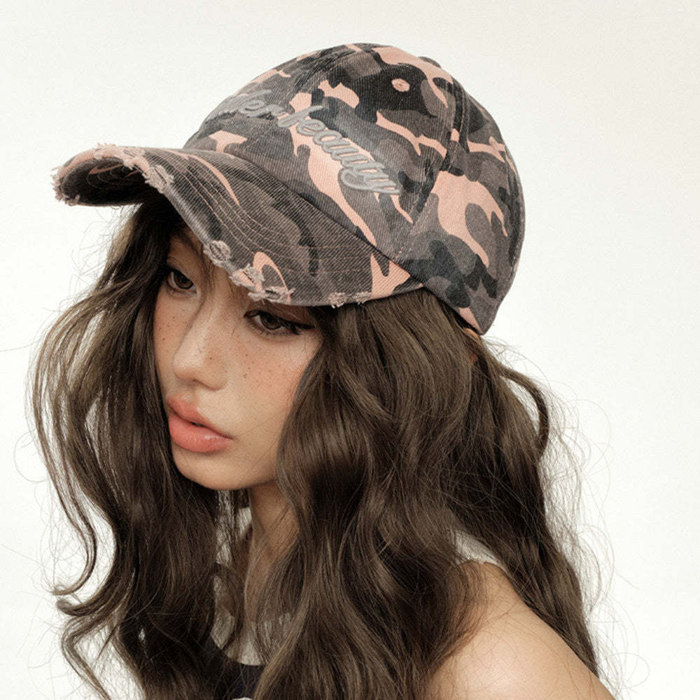 美式戶外工裝甜酷辣穿搭粉色迷彩鴨舌帽子女復古潮牌顯臉小棒球帽