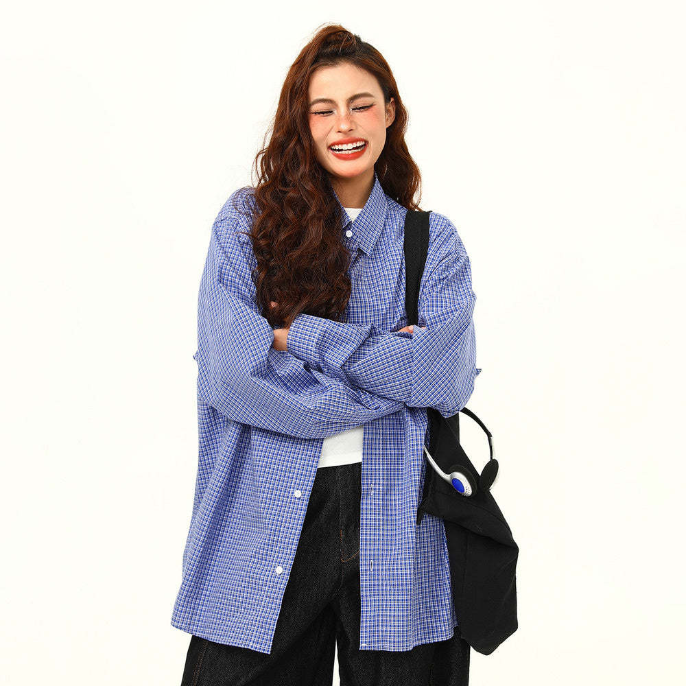 文藝感藍色格子襯衫秋季新品高級感復古百搭外穿襯衣