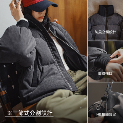 90白鴨絨灰色燈芯絨高立領短款加厚保暖麵包羽絨服外套女士冬