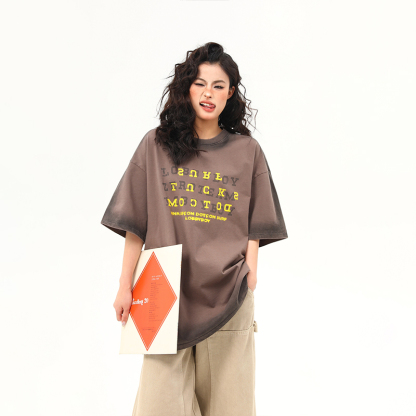 美式復古水洗漸變高級感短袖T恤女重磅上衣女夏