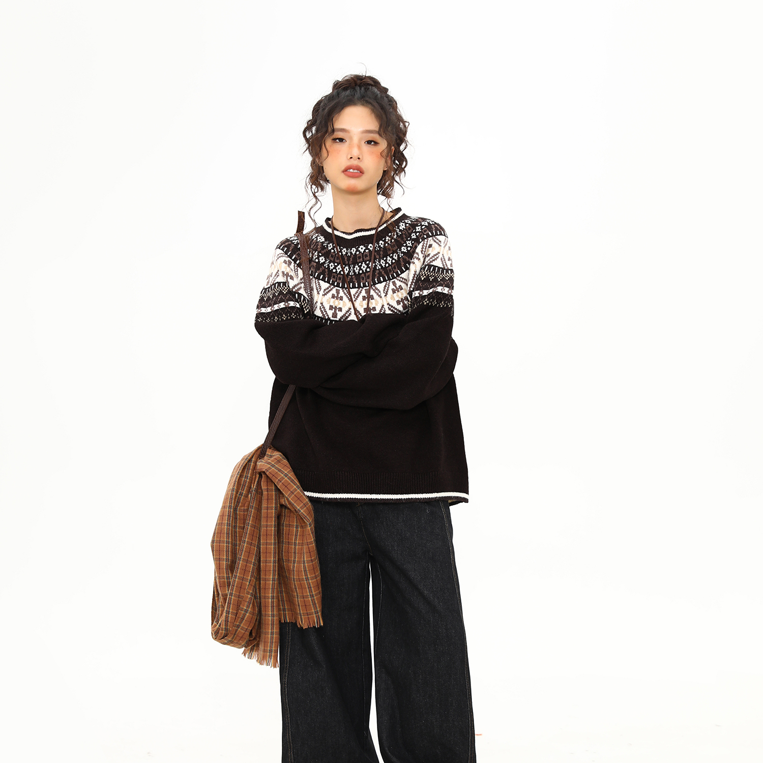 美式復古費爾島提花毛衣女秋冬慵懶風圓領軟糯針織衫上衣