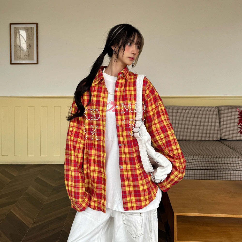 美式復古珍珠字母格紋襯衫長袖春夏休閒女同款外套襯衣