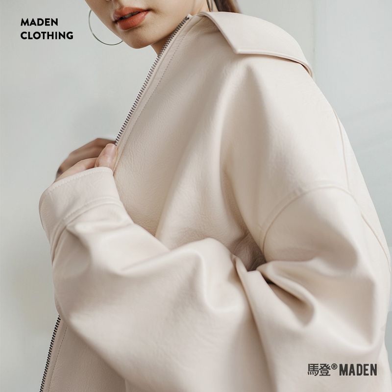 馬登女裝 美式復古米白色皮衣外套寬鬆機車短款夾克通勤外套上衣春秋女