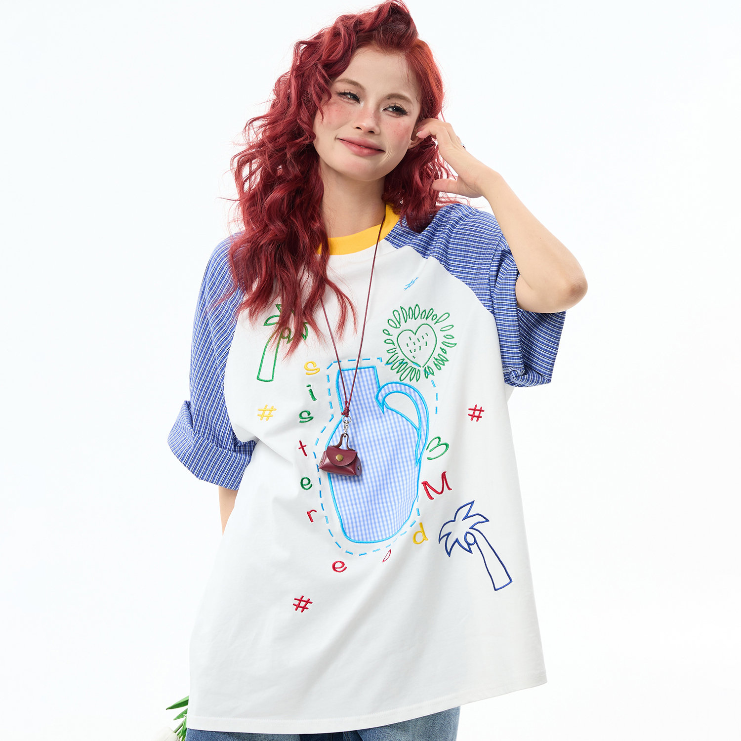 夏季新圓領撞色插肩短袖T卹女趣味刺繡百搭夏季tee