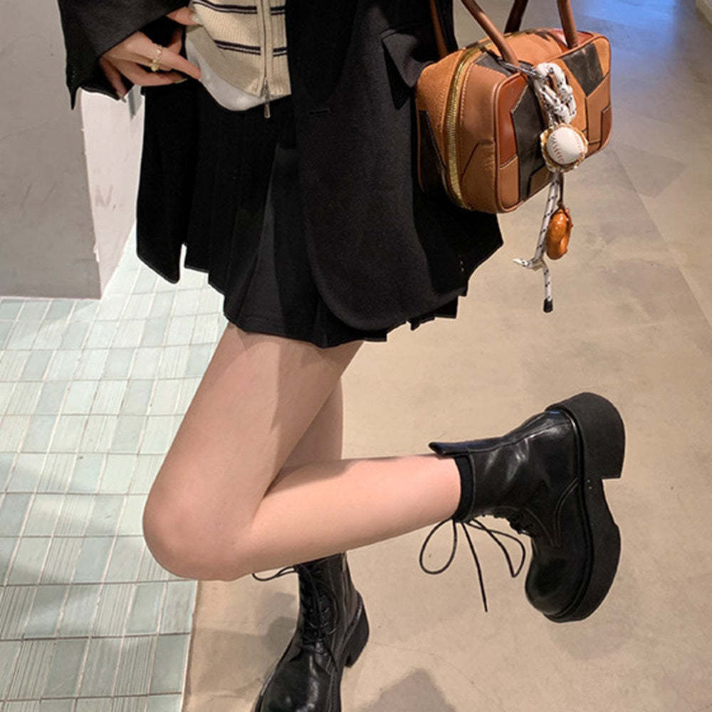 水洗縮紋馬皮系帶粗跟厚底馬丁短靴女春秋單靴