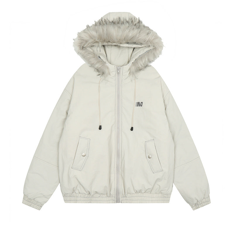 美式復古毛領連帽棉服女冬季加厚小個子短款棉衣派克服外套
