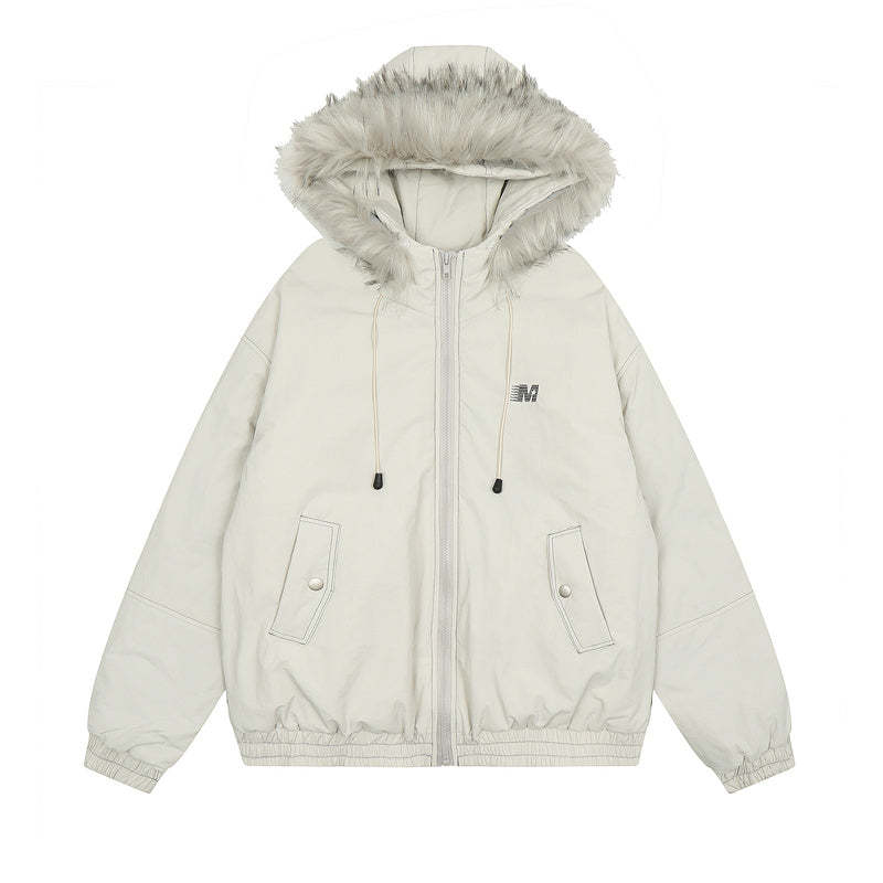 美式復古毛領連帽棉服女冬季加厚小個子短款棉衣派克服外套