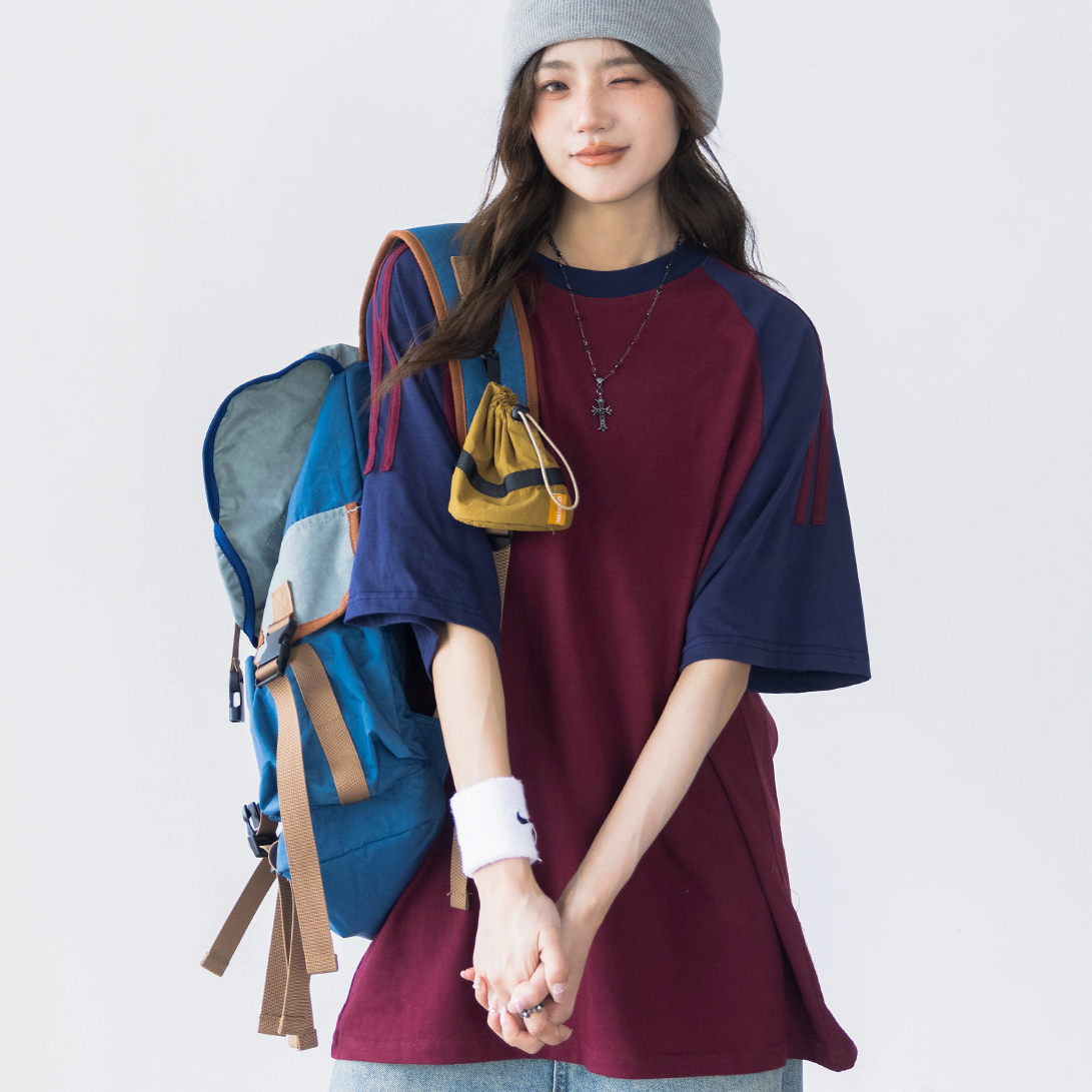 撞色拼接插肩袖t恤上衣女夏季圓領寬鬆純棉短袖