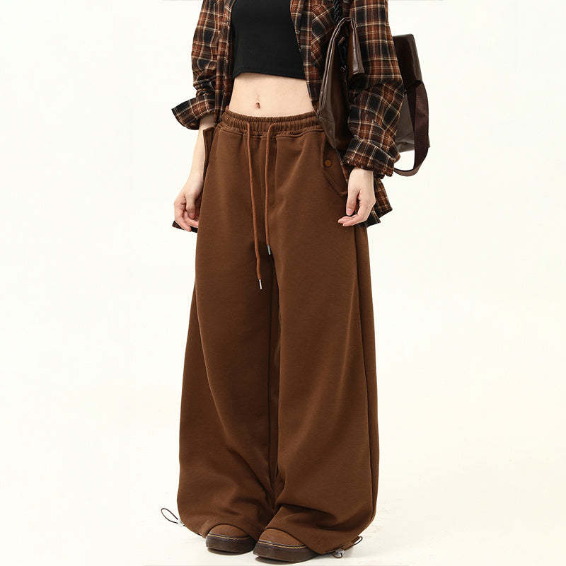 美拉德深棕色休閒褲女美式復古寬鬆直筒垂感闊腿衛褲子