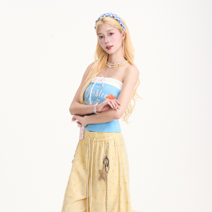 多巴胺字母印花抹胸背心女復古辣妹短款修身無袖t恤上衣