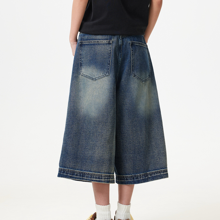 夏季美式復古水洗重磅七分牛仔褲女寬鬆闊腿潮牌短褲子