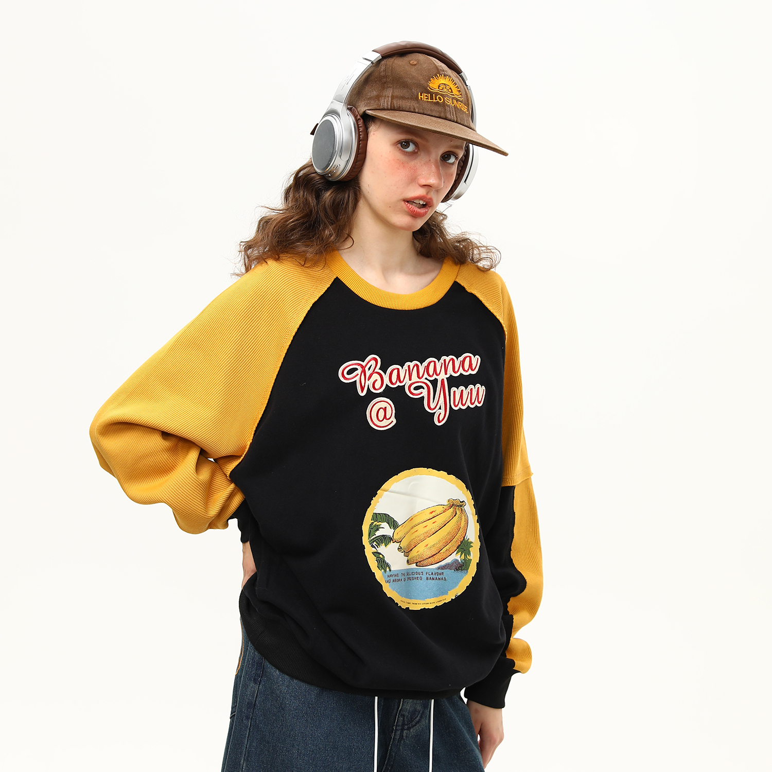 早秋新款美式復古拼接撞色學院風圓領長袖衛衣女寬鬆百搭