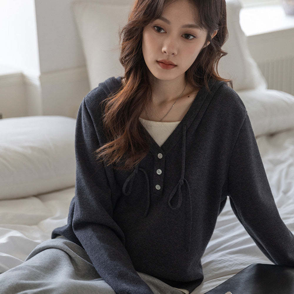 深灰色假兩件連帽針織衫女2025春季修身顯瘦上衣