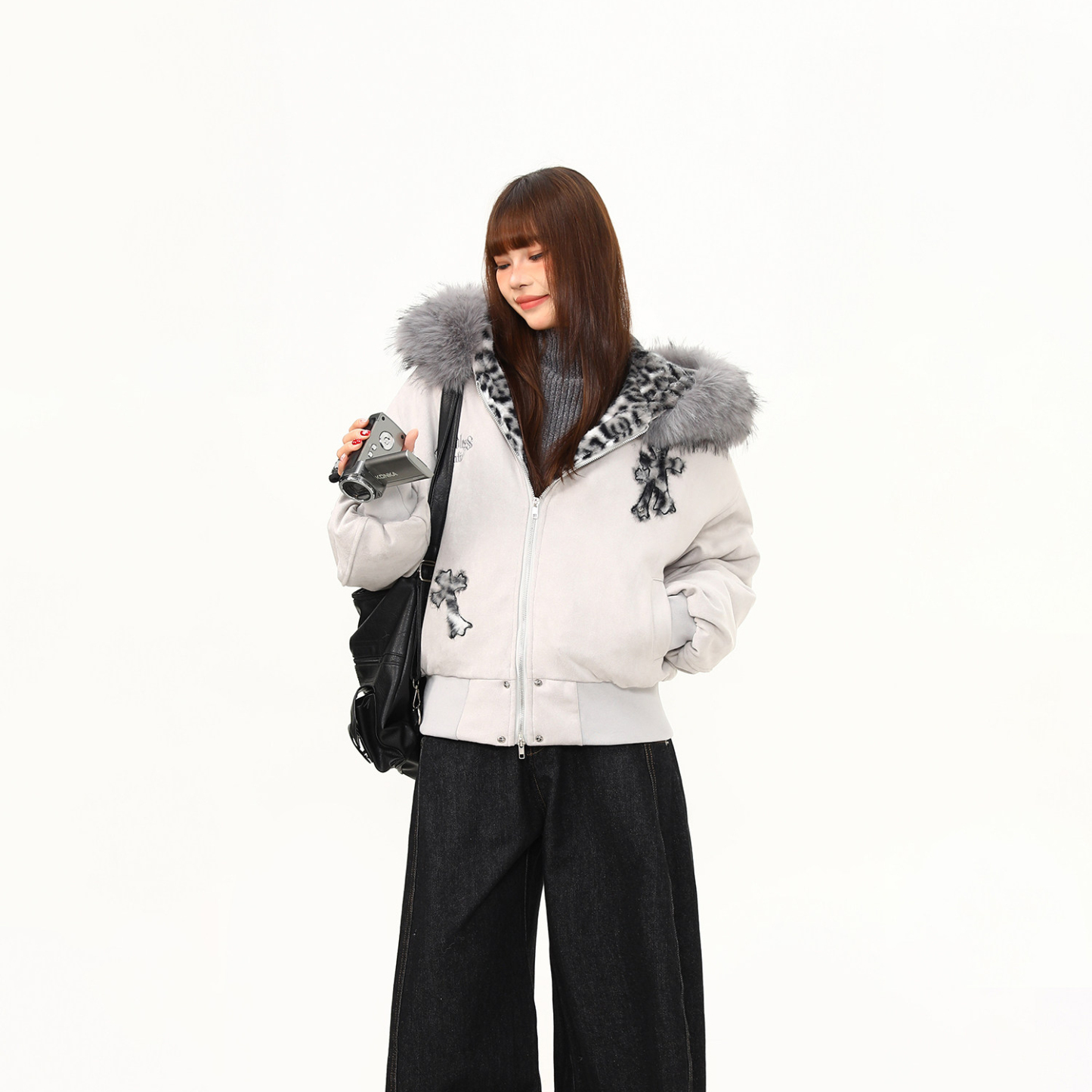 豹紋十字架座山雕棉服女美式潮牌寬鬆加絨連帽冬季外套