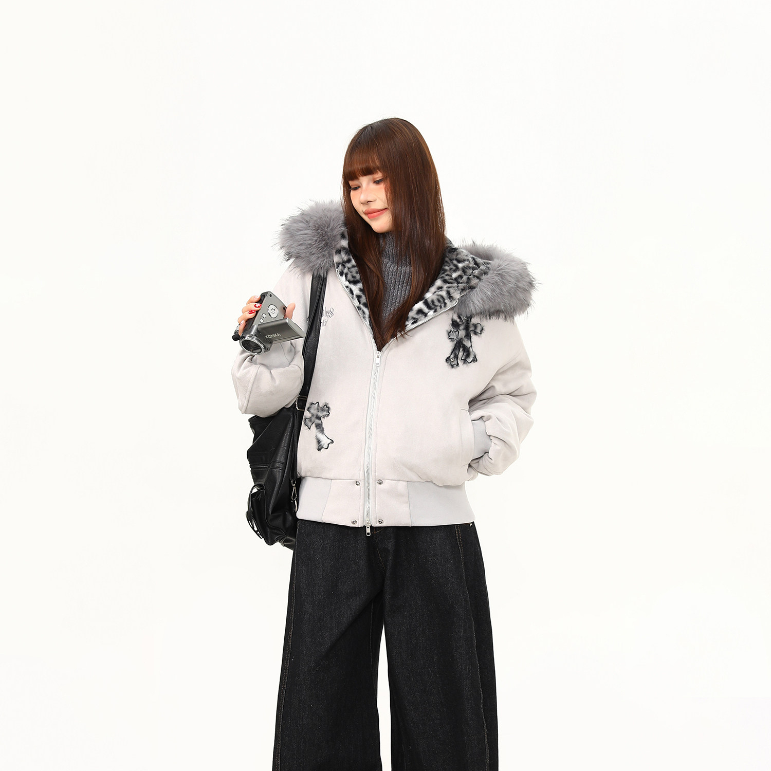 豹紋十字架座山雕棉服女美式潮牌寬鬆加絨連帽冬季外套