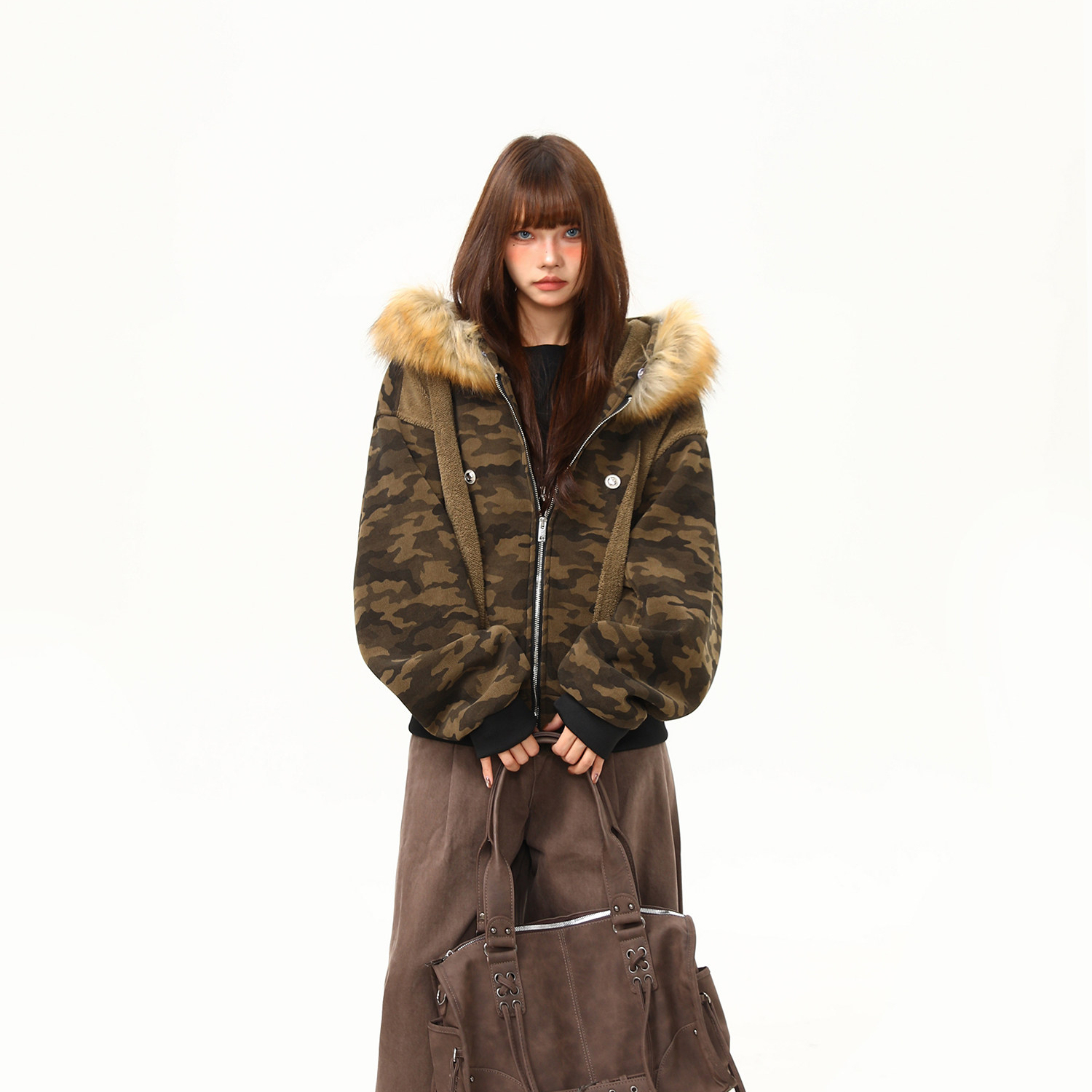 美式街頭迷彩拼接毛領外套女冬季保暖加絨短款棉服棉襖